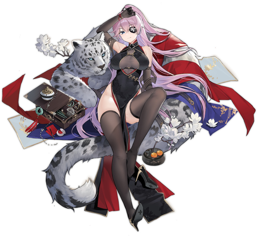 1girl, animal, arm_up, azur_lane, black_dress, black_gloves, black_legwear, blue_eyes, china_dress, chinese_clothes, cleavage_cutout, dress, elbow_gloves, eyebrows_visible_through_hair, eyepatch, full_body, gloves, high_heels, highres, long_hair, mole_on_thigh, no_panties, ntrsis, official_art, one_side_up, pelvic_curtain, pink_hair, scharnhorst_(azur_lane), snow_leopard, thigh-highs, transparent_background, very_long_hair