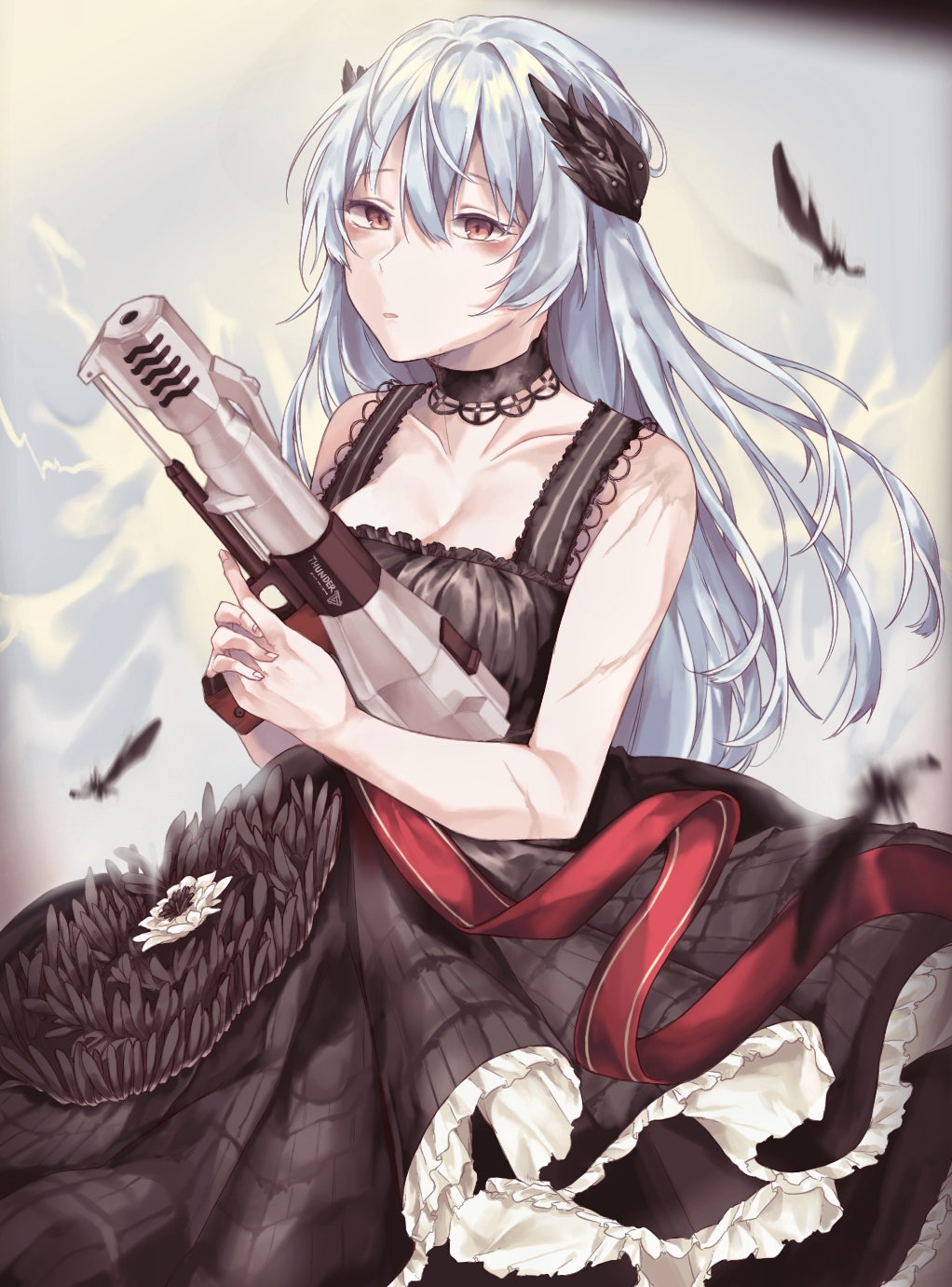 1girl, black_dress, blue_hair, breasts, choker, collarbone, dress, girls_frontline