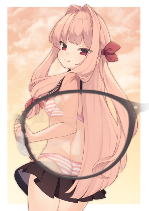 1girl, :q, ass, bangs, black-framed_eyewear, black_sailor_collar, black_skirt, bra