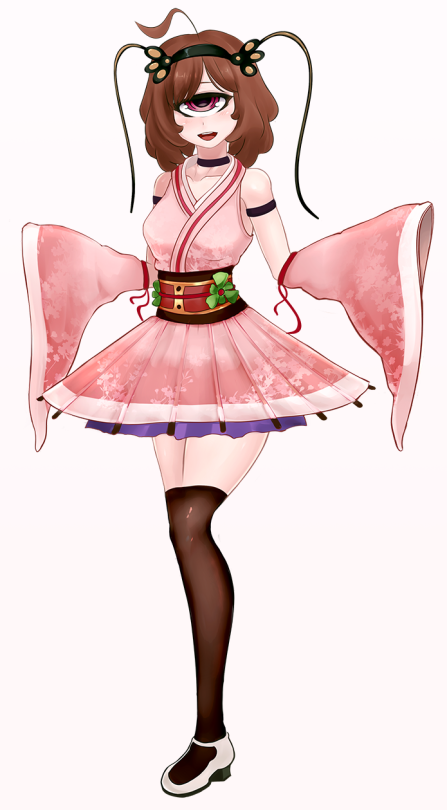 1girl, ahoge, blush, breasts, brown_hair, choker, cyclops, detached_sleeves