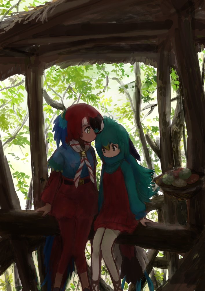 2girls, belt, bird_girl, bird_wings, black_hair, blonde_hair, blue_hair, blue_shirt
