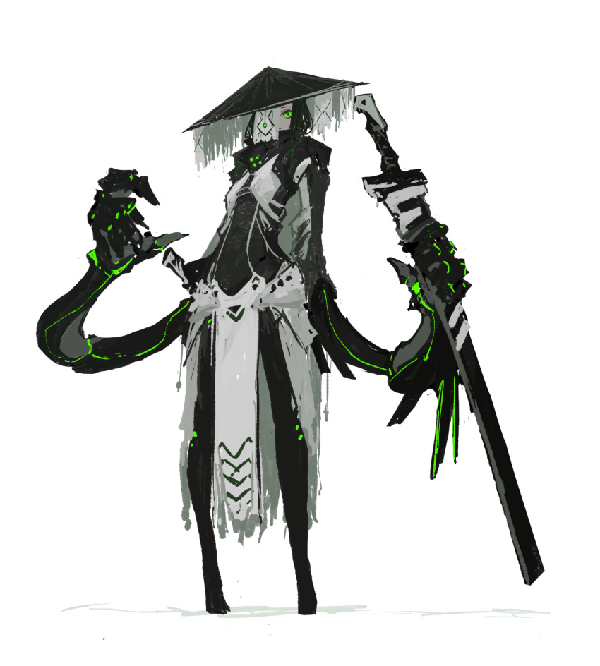 androgynous, black_headwear, black_legwear, full_body, green_eyes, highres, holding, holding_sword