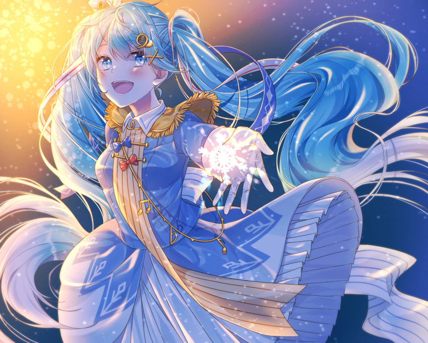 1girl, :d, absurdres, backlighting, beamed_eighth_notes, blue_background, blue_dress, blue_eyes