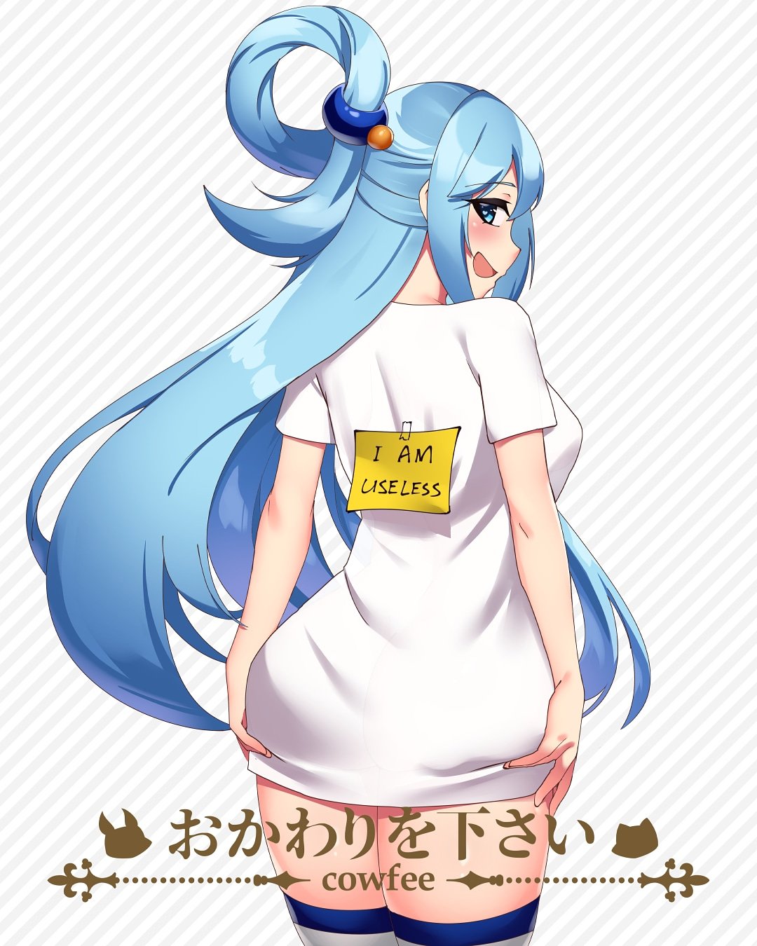 1girl, :d, aqua_(konosuba), artist_logo, artist_name, ass_support, beads, blue_eyes, blue_hair, commentary, cowboy_shot, cowfee, diagonal-striped_background, diagonal_stripes, english_commentary, english_text, eyebrows_visible_through_hair, from_behind, hair_beads, hair_ornament, hands_on_own_ass, highres, kono_subarashii_sekai_ni_shukufuku_wo!, long_hair, looking_at_viewer, looking_back, note_on_back, open_mouth, shirt, short_sleeves, sign, simple_background, smile, solo, striped, striped_background, t-shirt, thigh-highs, very_long_hair, white_shirt