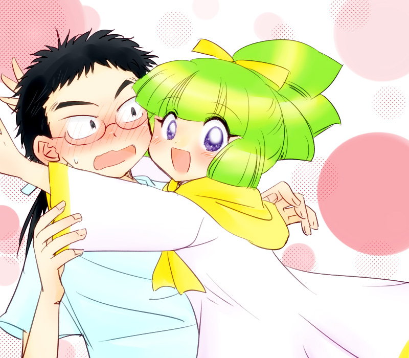 1boy, 1girl, :d, black_eyes, black_hair, blush, couple, dress