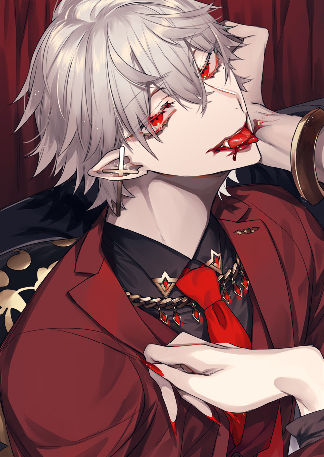 1boy, bangs, black_shirt, blood, blood_from_mouth, bracelet, collar, collared_jacket