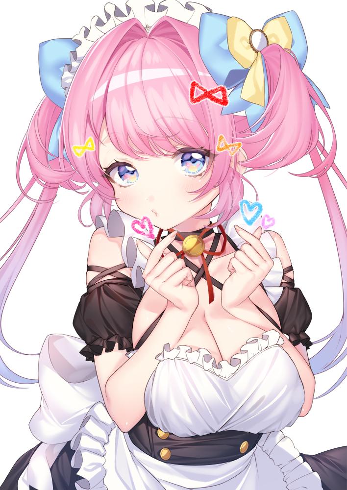 1girl, apron, bangs, bare_shoulders, black_dress, blue_eyes, blush, breast_squeeze, breasts, buttons, collarbone, commentary, criss-cross_halter, detached_sleeves, dress, eyebrows_visible_through_hair, eyelashes, fingernails, frilled_apron, frills, halter_top, halterneck, hands_up, heart, large_breasts, long_fingernails, long_hair, looking_at_viewer, maid, maid_apron, maid_headdress, nail_polish, original, parted_lips, pink_hair, pink_nails, puffy_sleeves, sidelocks, sleeveless, sleeveless_dress, solo, sourenkio, standing, twintails, upper_body, waist_apron, white_apron