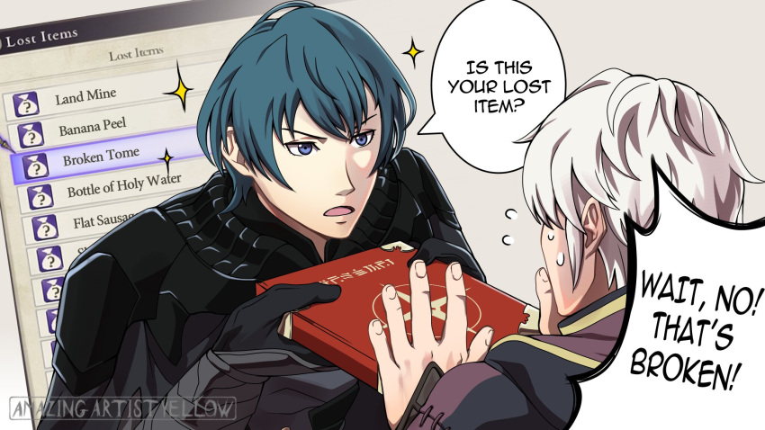 2girls, amazingartistyellow, arm_guards, armor, artist_name, blue_eyes, blue_hair, book, byleth_(fire_emblem), byleth_eisner_(male), english_commentary, english_text, fire_emblem, fire_emblem:_three_houses, fire_emblem_awakening, flying_sweatdrops, gameplay_mechanics, hands_up, highres, holding, holding_book, looking_at_another, male_focus, multiple_girls, open_mouth, pink_background, robin_(fire_emblem), robin_(fire_emblem)_(male), shoulder_armor, silver_hair, simple_background, sparkle, speech_bubble, super_smash_bros., sweatdrop, upper_body, v-shaped_eyebrows