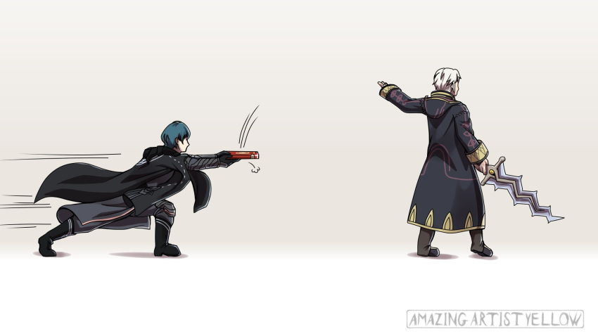 2boys, amazingartistyellow, arm_up, artist_name, black_coat, black_footwear, black_gloves, blue_hair