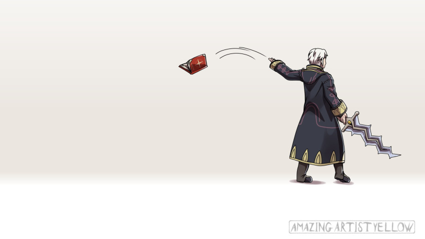 1boy, amazingartistyellow, arm_up, artist_name, black_coat, book, fire_emblem, fire_emblem_awakening