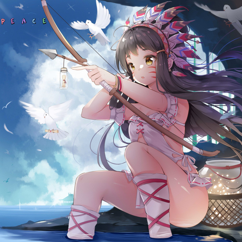 1girl, absurdres, ahoge, ass, bangs, bird, black_hair, bow_(weapon), breasts, brown_hair, chintora0201, commentary_request, dove, english_text, facial_mark, feathers, hair_ornament, headdress, highres, holding, holding_weapon, long_hair, microskirt, multicolored_hair, native_american, native_american_headdress, no_panties, ocean, open_mouth, original, sitting, skirt, small_breasts, solo, thighs, two-tone_hair, water, weapon, white_skirt, yellow_eyes