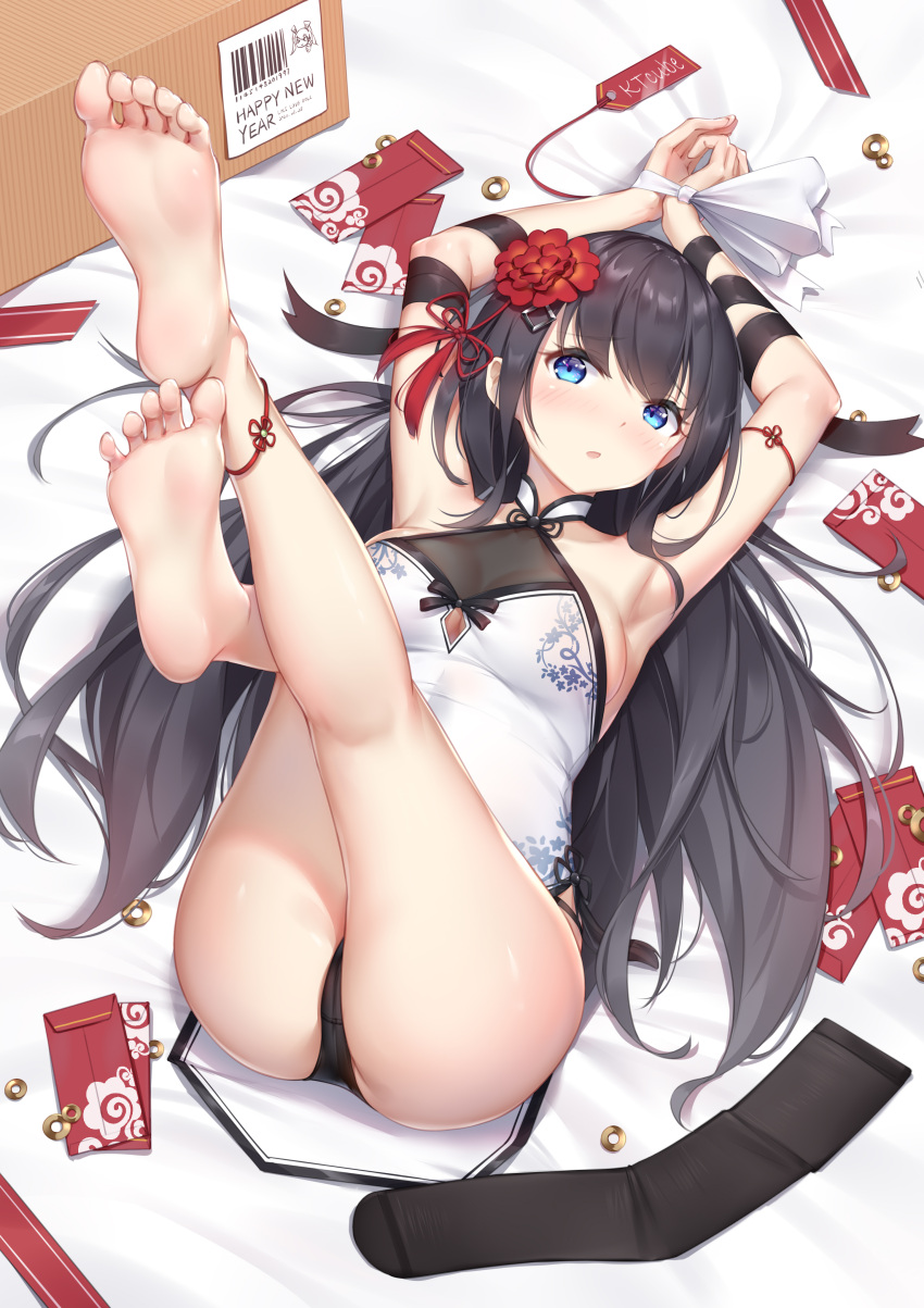 1girl, absurdres, armpits, arms_up, ass, bare_shoulders, barefoot, black_hair, black_panties, black_ribbon, blue_eyes, bound, bound_wrists, breasts, china_dress, chinese_clothes, commentary_request, crotch_seam, dress, flower, hair_flower, hair_ornament, happy_new_year, highres, j-cube, legs_up, long_hair, looking_at_viewer, medium_breasts, new_year, original, panties, parted_lips, red_flower, ribbon, sleeveless, sleeveless_dress, solo, tassel, thighs, underwear, very_long_hair, white_dress, white_ribbon