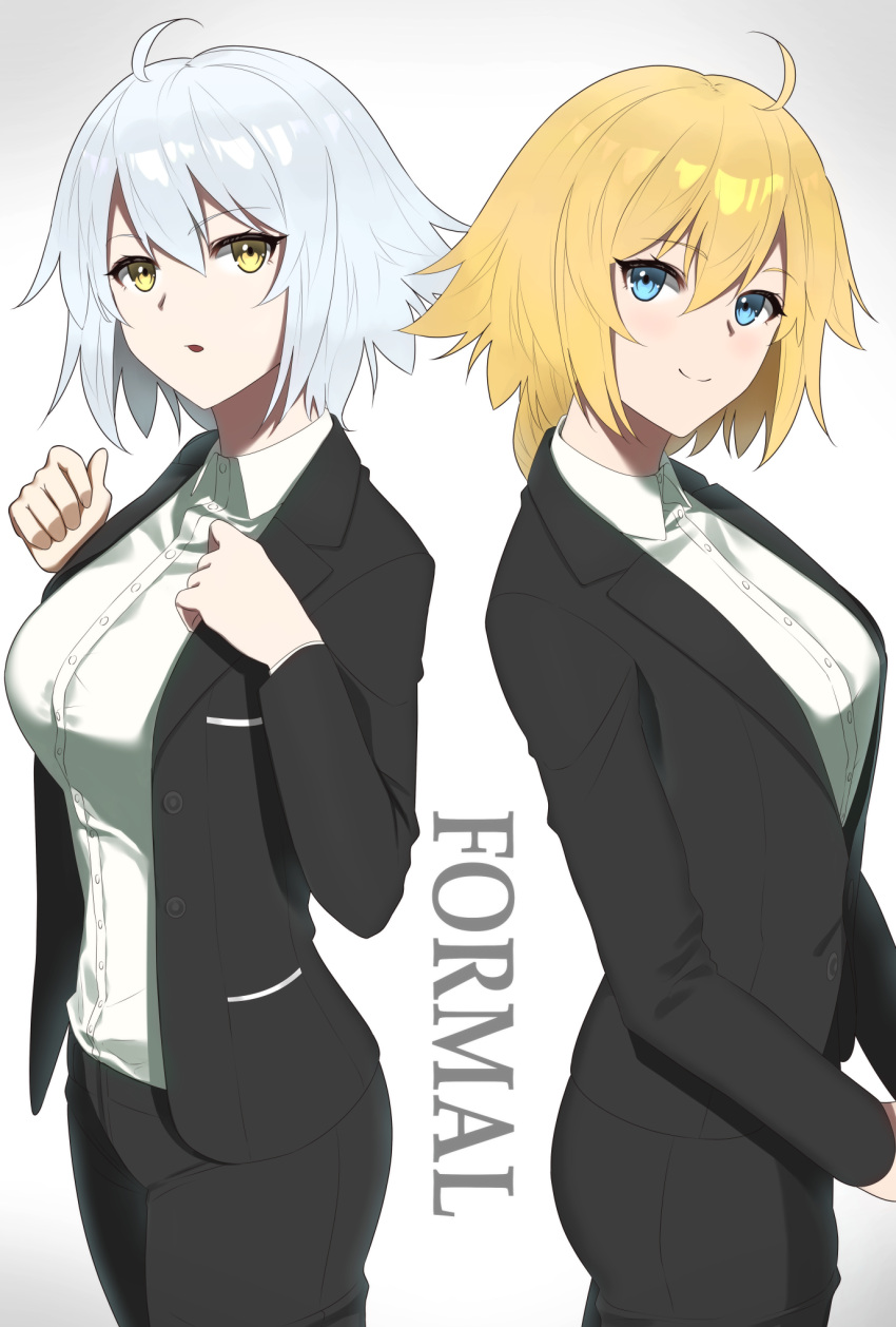 2girls, ahoge, ara_ssmjnkosam_-key2321, black_jacket, black_skirt, blonde_hair, blue_eyes, breasts