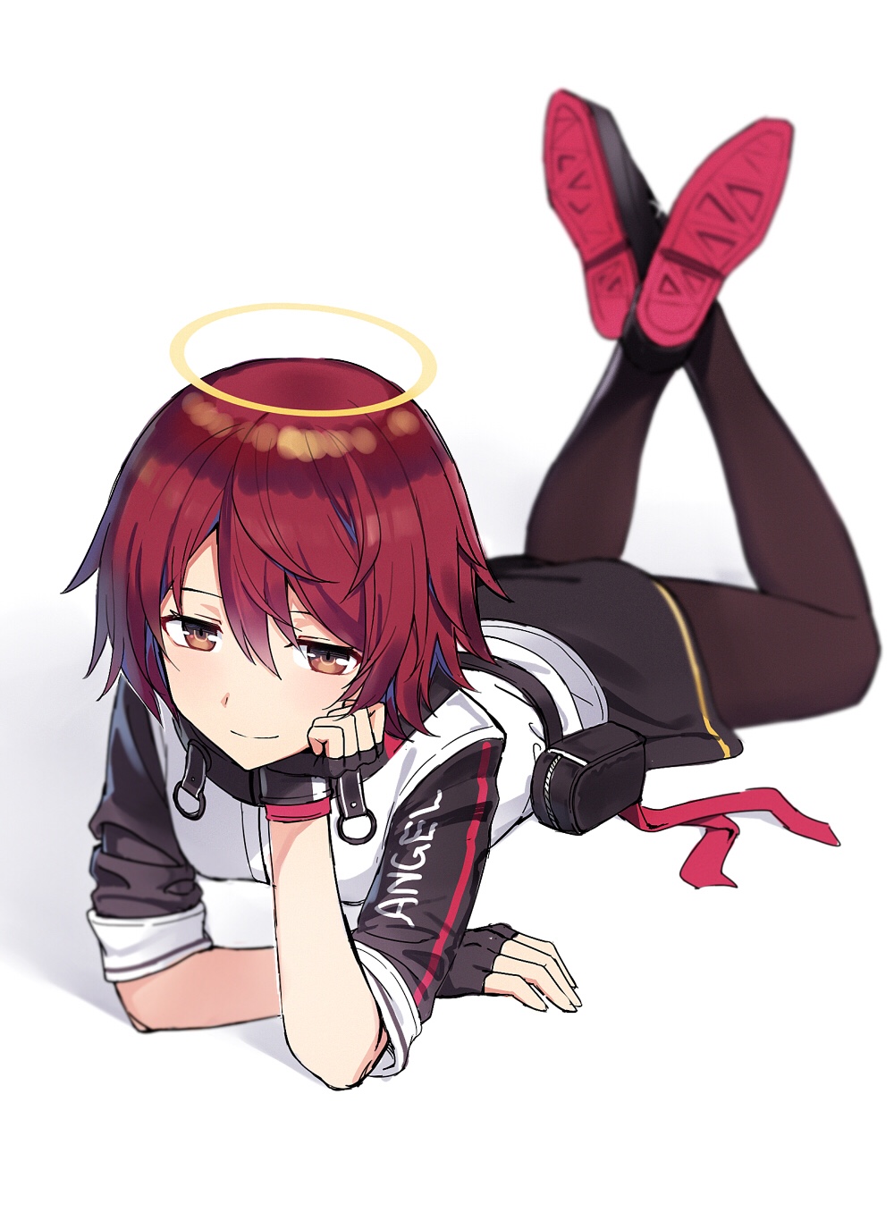 1girl, arknights, bangs, belt, belt_pouch, black_gloves, black_legwear, black_skirt