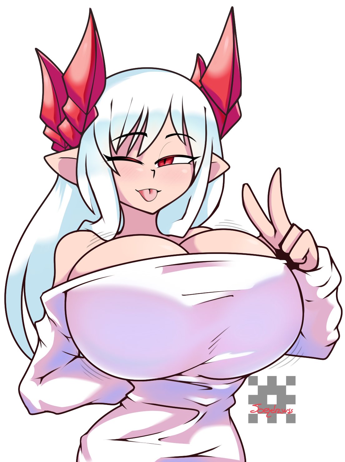 1girl, artist_name, bouncing_breasts, breasts, demon_girl, demon_horns, highres, horns, huge_breasts, joeydrawss, long_hair, long_sleeves, lorem_(musuko_ga_kawaikute_shikatanai_mazoku_no_hahaoya), mature, musuko_ga_kawaikute_shikatanai_mazoku_no_hahaoya, one_eye_closed, red_eyes, red_horns, shirt, shirt_tug, signature, thin_waist, tongue, tongue_out, white_hair, white_shirt
