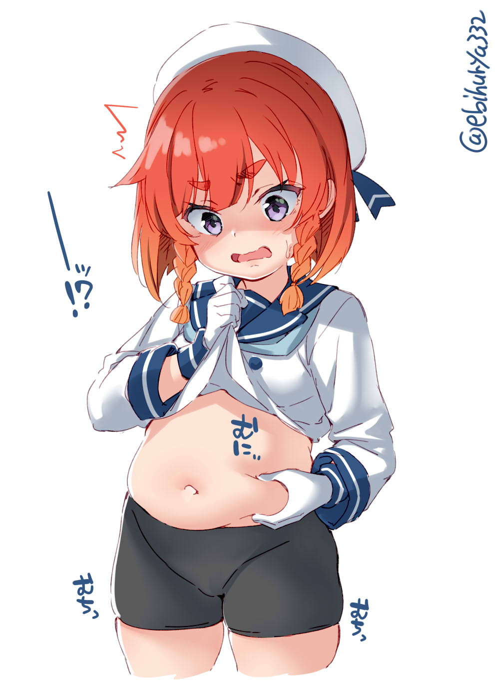 !?, /\/\/\, 1girl, bike_shorts, black_shorts, blue_neckwear, blue_sailor_collar, blush