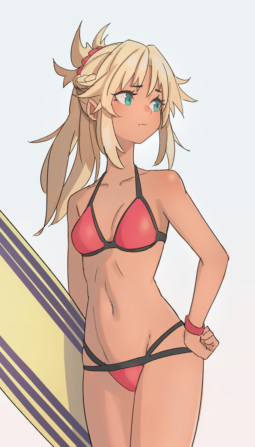 1girl, bikini, blonde_hair, blue_eyes, blush, closed_mouth, collarbone, dark_skin, facial_hair, fate/grand_order, fate_(series), highres, kiritzuguart, long_hair, mordred_(fate), mordred_(fate)_(all), mordred_(swimsuit_rider)_(fate), navel, nipples, solo, swimsuit