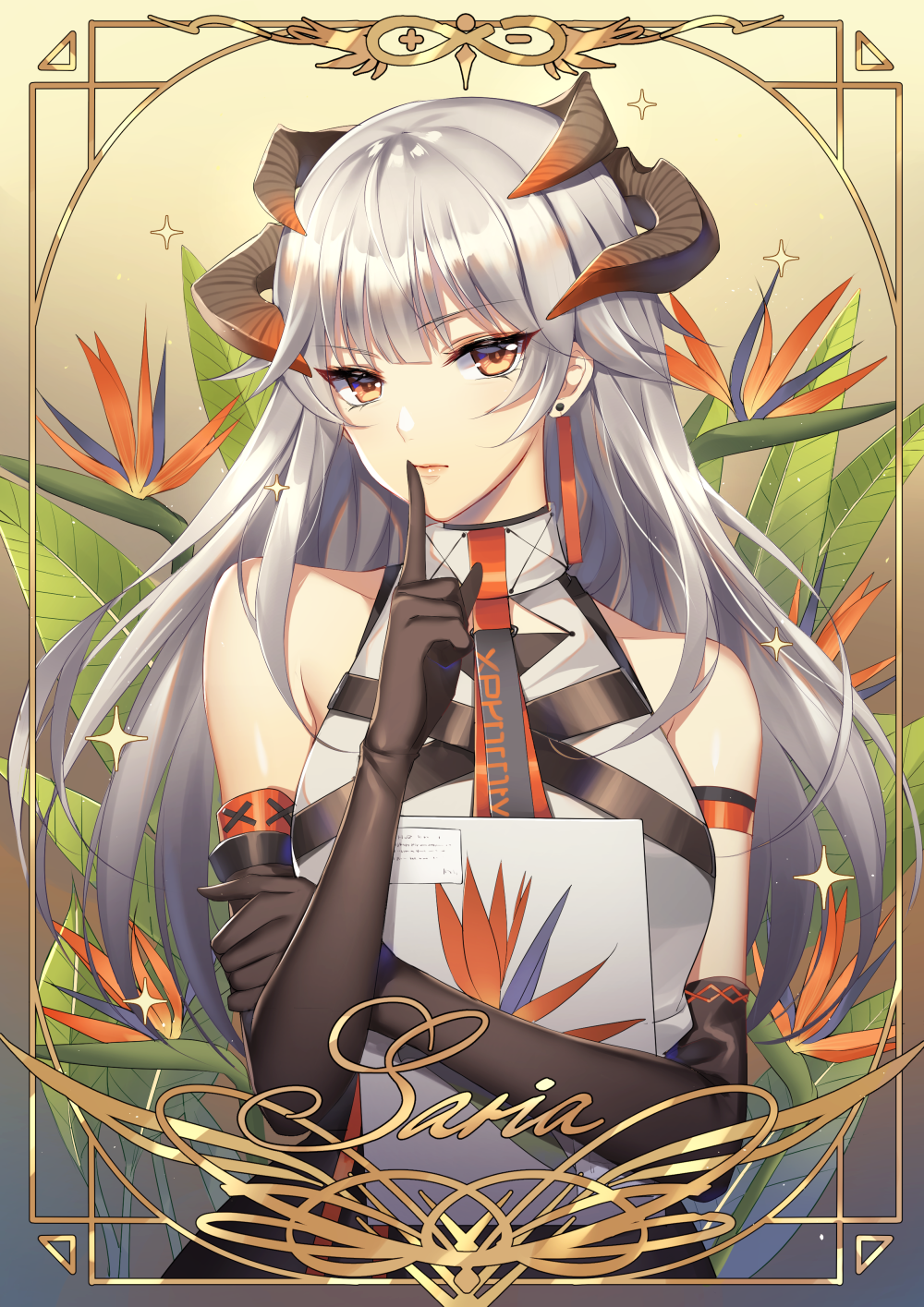 1girl, arknights, bare_shoulders, card_(medium), card_parody, character_name, collared_blouse, earrings