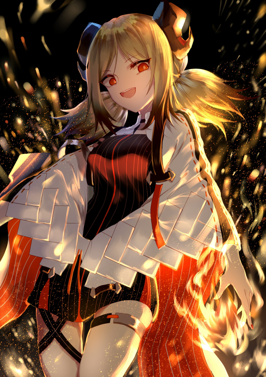 1girl, absurdres, arknights, black_background, blonde_hair, cloak, dress, embers