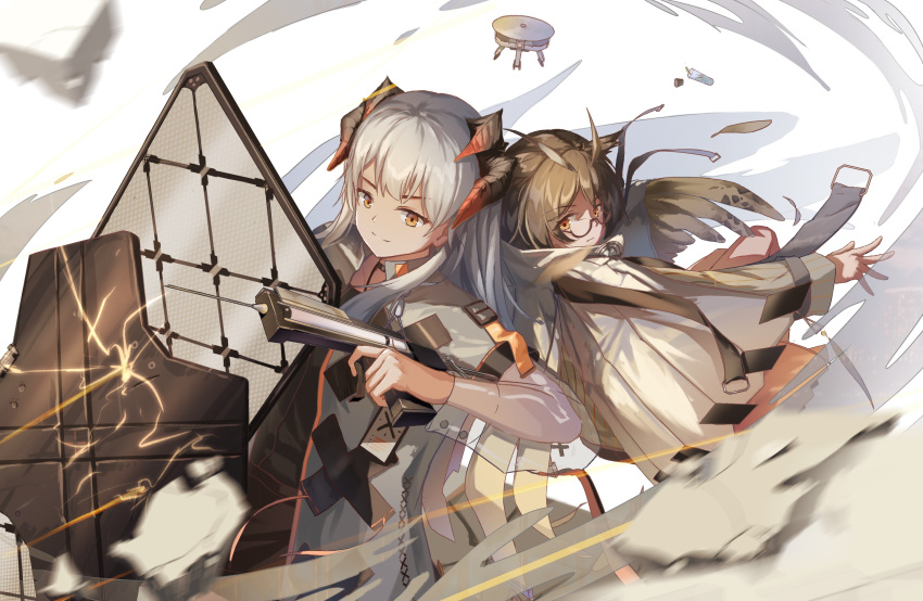 absurdres, arknights, back-to-back, bangs, black_undershirt, bob_cut, brown_hair, caisena