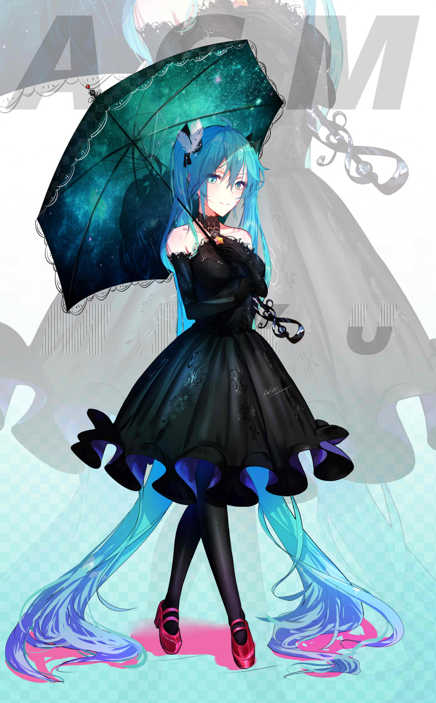 1girl, absurdly_long_hair, absurdres, ahoge, aqua_eyes, aqua_hair, artist_name, black_dress