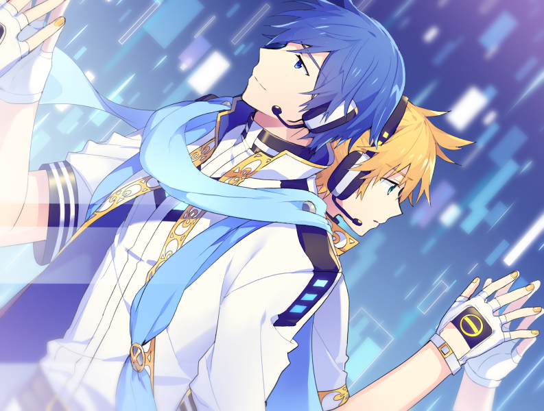 2boys, back-to-back, blonde_hair, blue_eyes, blue_scarf, blurry, blurry_background, coat