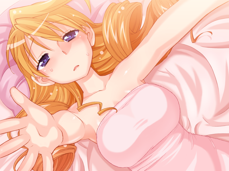 blush, breasts, carry_me, drill_hair, impossible_towel, long_hair, love_&amp;_dead, lying, naked_towel, orange_hair, purple_eyes, towel, violet_eyes, wamusato_haru, wet