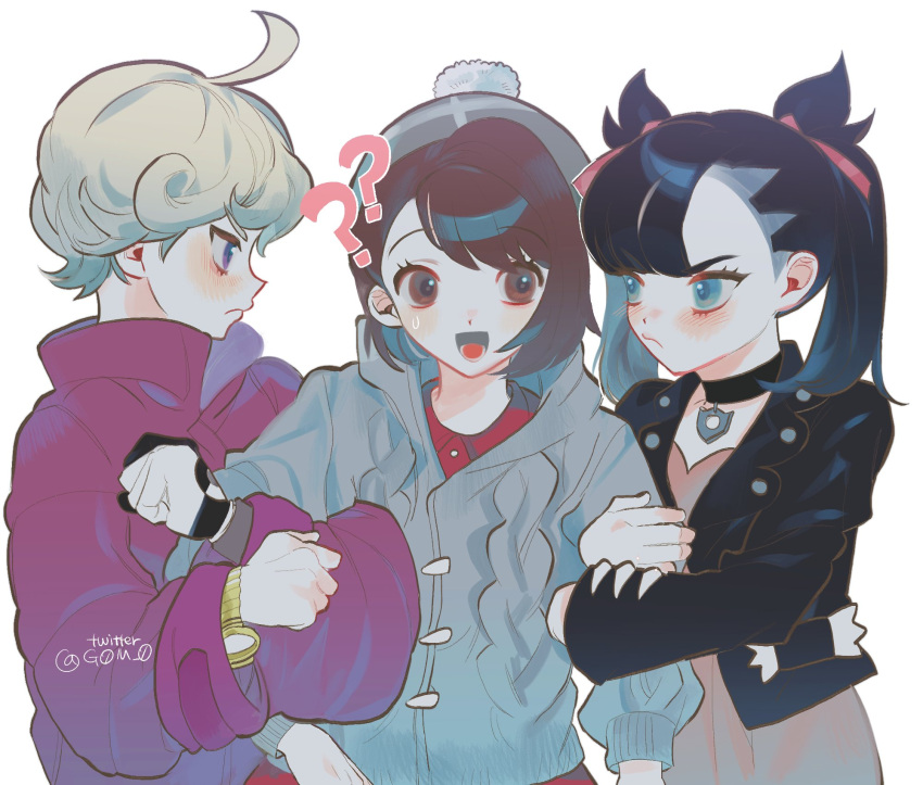 1boy, 2girls, ?, ahoge, arm_grab, asymmetrical_bangs, bangs, beet_(pokemon)
