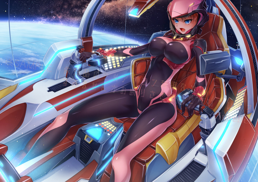1girl, blue_eyes, bodysuit, breasts, cluseller, cockpit, covered_navel, display
