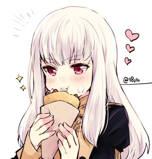 1girl, blush, closed_mouth, crepe, cute, eating, eyebrows_visible_through_hair, fire_emblem, fire_emblem:_three_houses, fire_emblem:_three_houses, fire_emblem_16, food, food_on_face, food_request, heart, holding, holding_food, intelligent_systems, loli, lysithea_von_ordelia, naho_(pi988y), nintendo, pastry, pink_eyes, simple_background, solo, sparkle, twitter_username, upper_body, watermark, white_hair