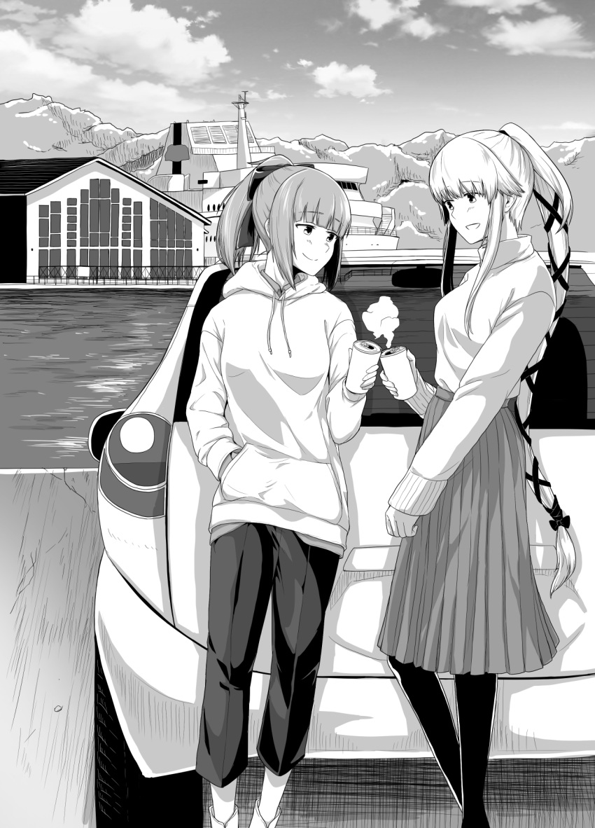 2girls, alternate_costume, bangs, blunt_bangs, breasts, can, car, clouds
