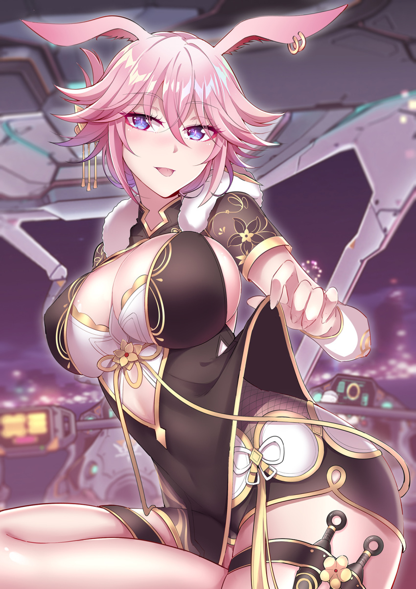 1girl, :p, alternate_costume, animal_ears, bangs, blue_eyes, blush, breasts