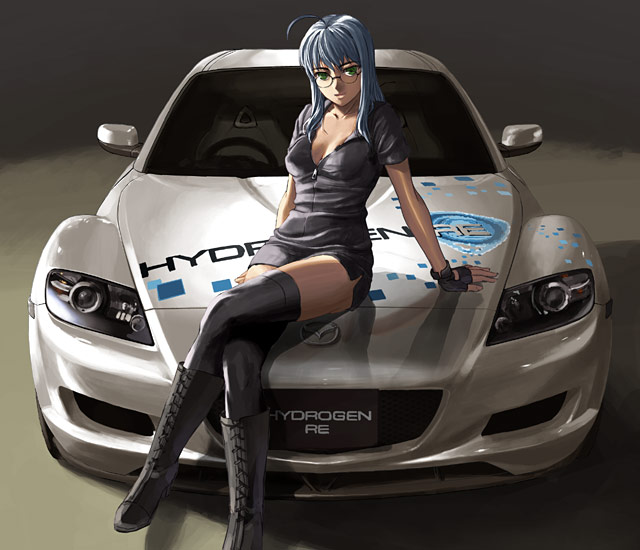 ahoge, arm_support, blue_hair, boots, breasts, car, cleavage, crossed_legs