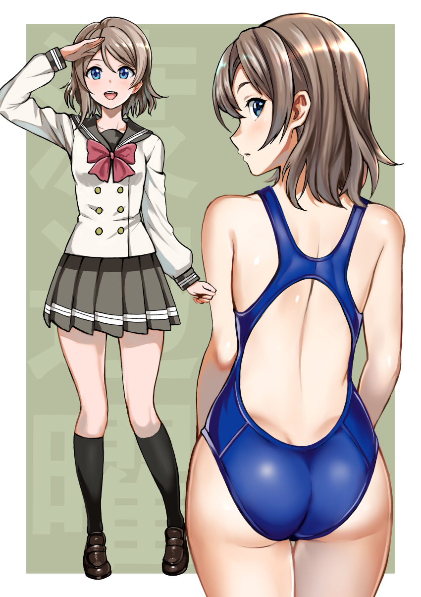 1girl, absurdres, ass, blue_eyes, blue_swimsuit, blush, breasts, brown_hair