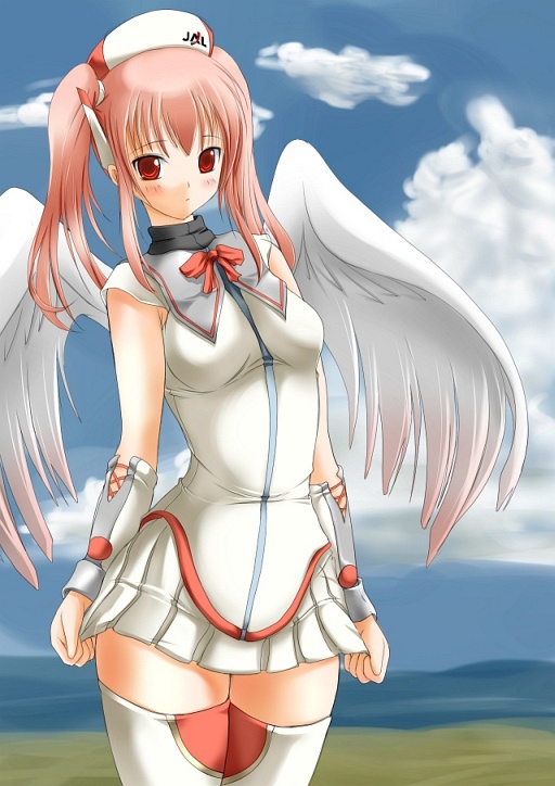 blush, bow, japan_air_lines, japan_airlines, personification, quad_tails, skirt, sky