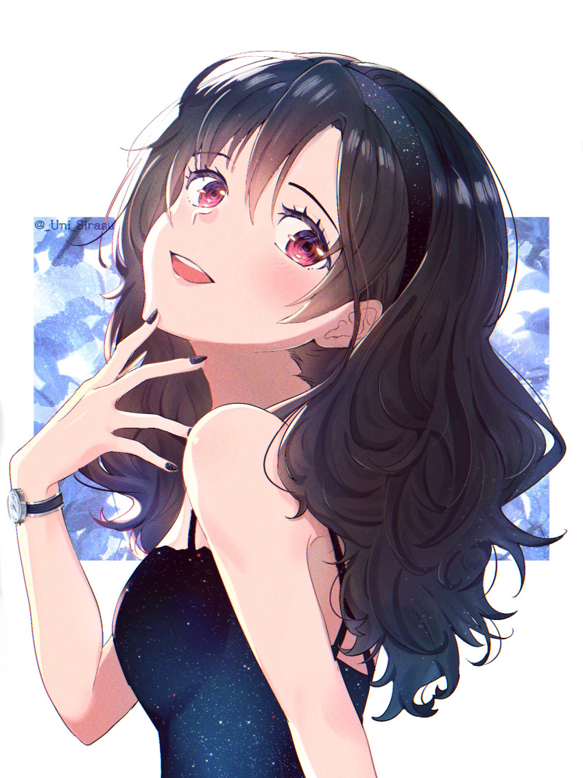 1girl, black_dress, black_hair, black_hairband, black_nails, dress, hairband, hand_up