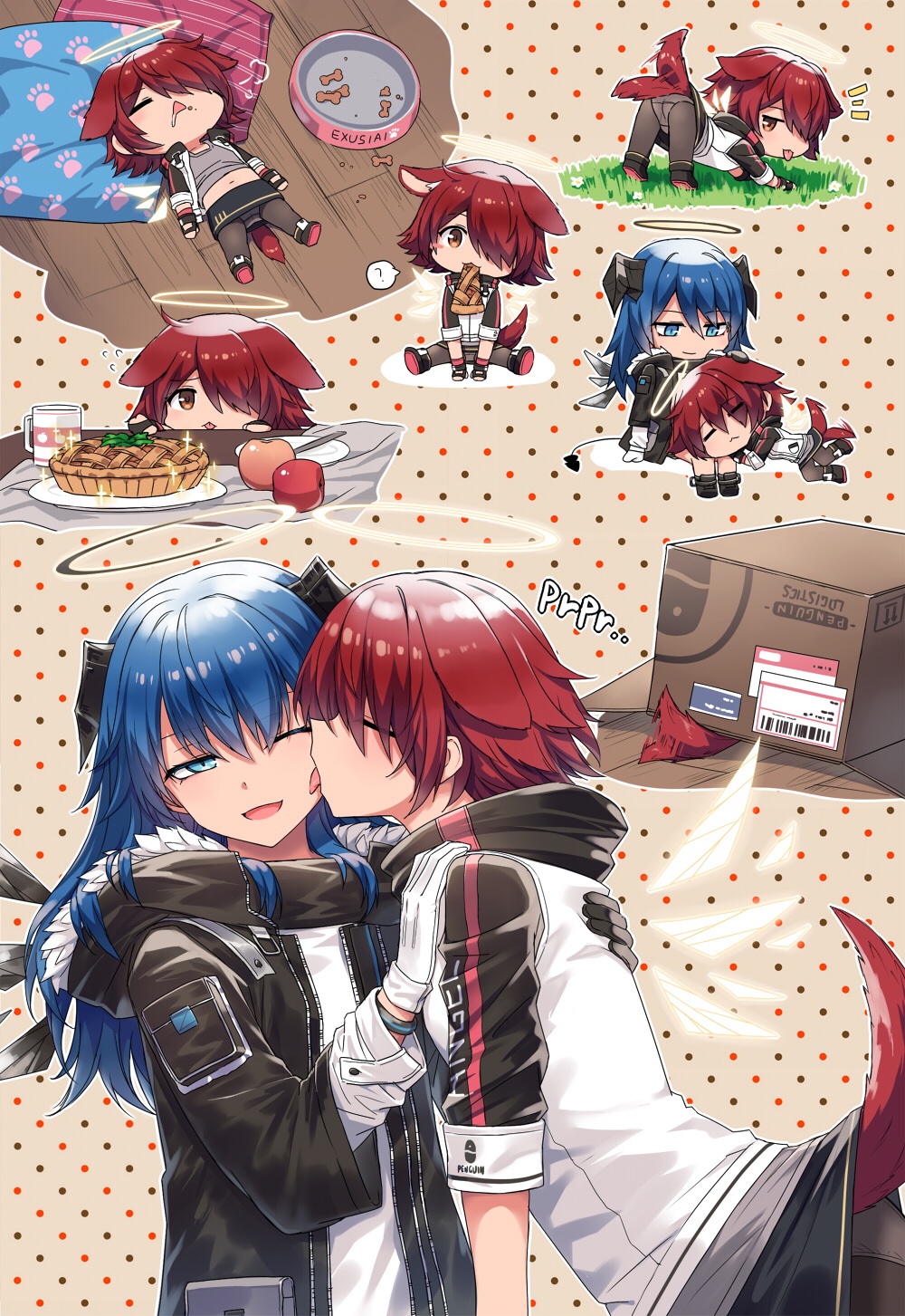 2girls, ?, afterimage, animal_ears, apple, arknights, black_jacket, blue_eyes