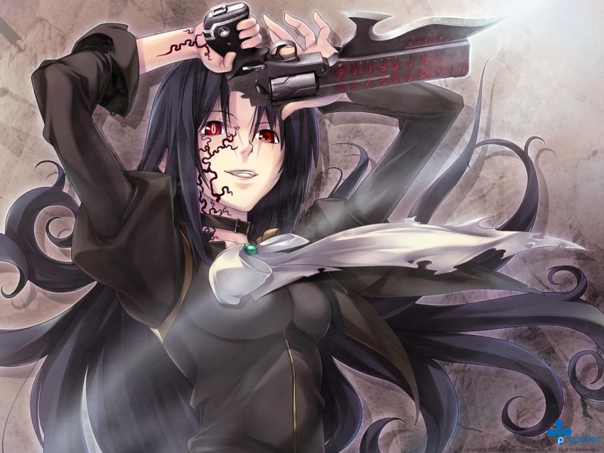 1600x1200, artist_request, black_hair, blade, bullet_butlers, choker, collar, facial_mark