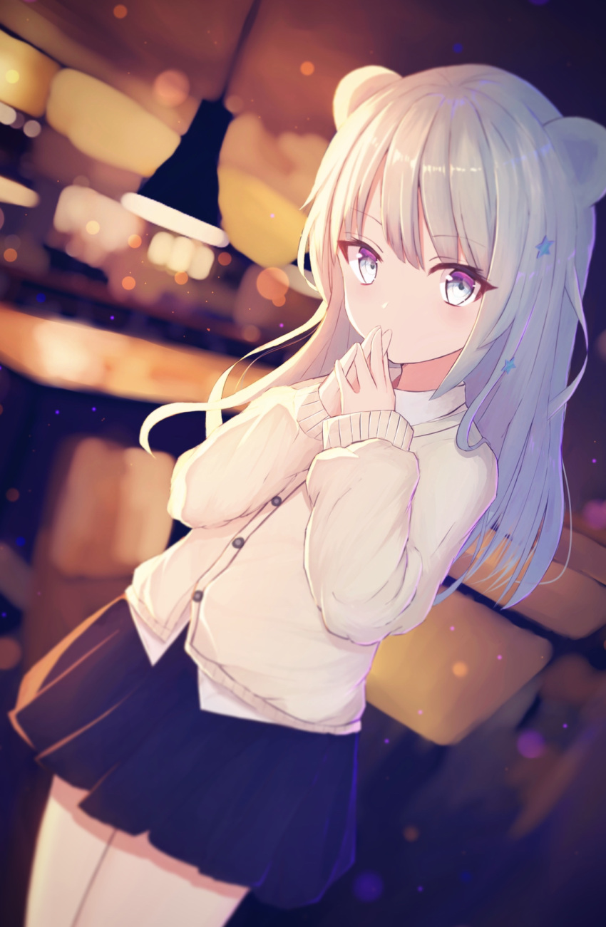 1girl, animal_ears, arknights, bear_ears, black_skirt, blurry, blurry_background, bokeh