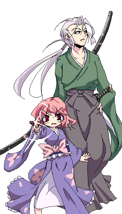 bow, irodori_shachou, japanese_clothes, kimono, konpaku_youki, oekaki, pink_hair, ponytail, saigyouji_yuyuko, short_hair, sword, touhou, weapon, young