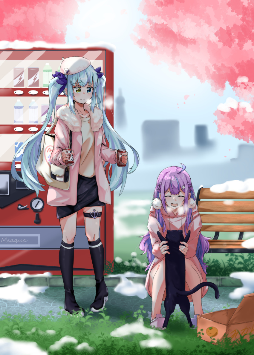 2girls, absurdres, ahoge, animal, bag, bench, beret, black_cat