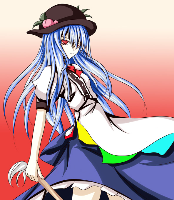 blue_hair, hat, hinanai_tenshi, hinanawi_tenshi, red_eyes, skirt, tagme, touhou