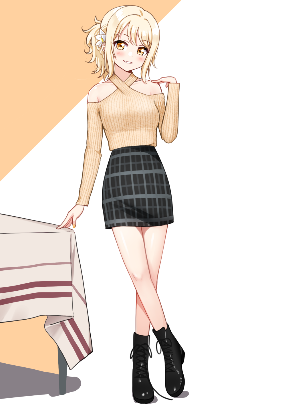 1girl, black_footwear, black_skirt, blonde_hair, blush, boots, criss-cross_halter, crossed_legs