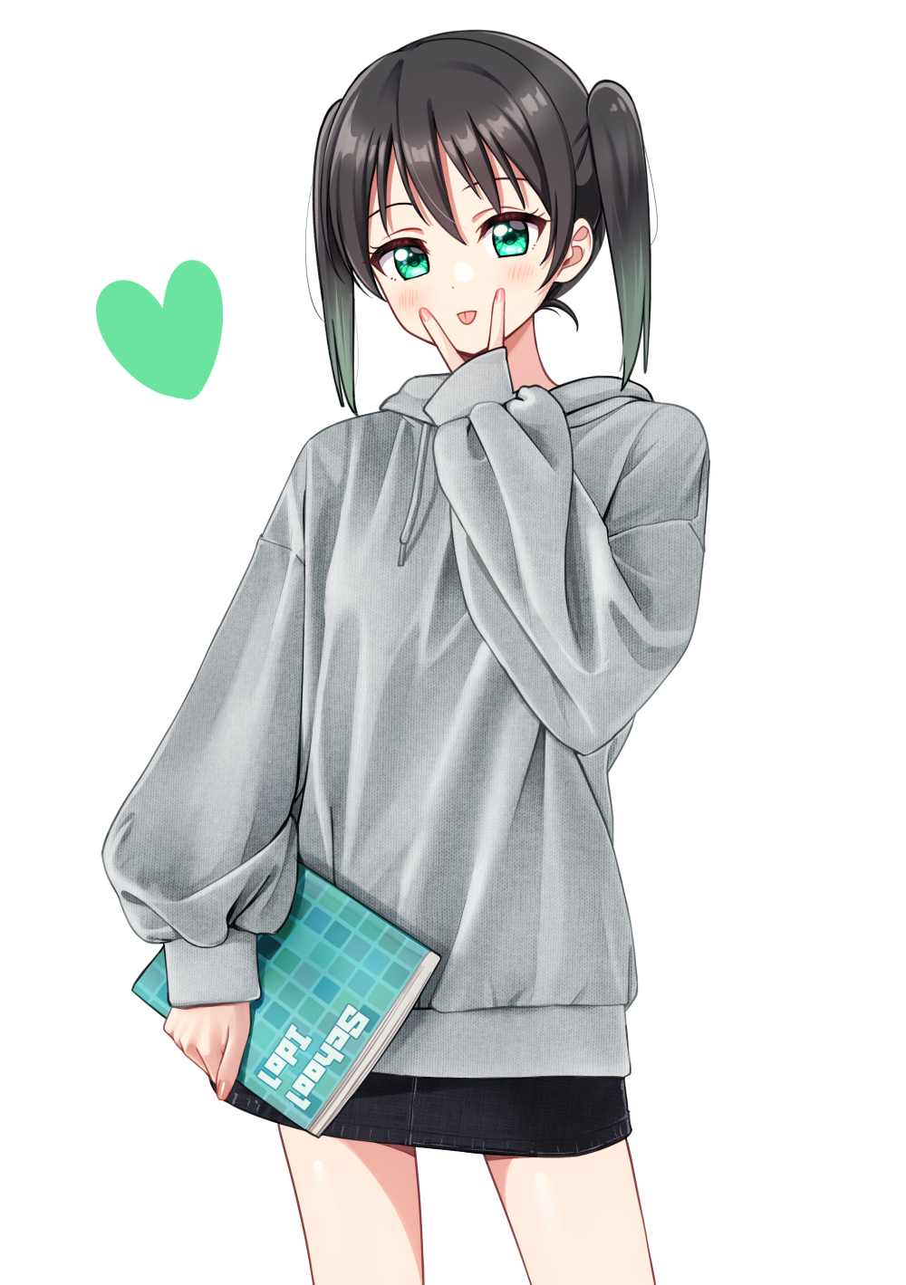 1girl, :p, anata-chan_(love_live!), bangs, black_hair, black_skirt, blush, book, cowboy_shot, deadnooodles, drawstring, green_eyes, green_hair, grey_hoodie, heart, highres, holding, holding_book, hood, hood_down, long_sleeves, looking_at_viewer, love_live!, love_live!_school_idol_festival_all_stars, miniskirt, multicolored_hair, simple_background, skirt, sleeves_past_wrists, solo, tongue, tongue_out, twintails, two-tone_hair, v, v_over_mouth, white_background