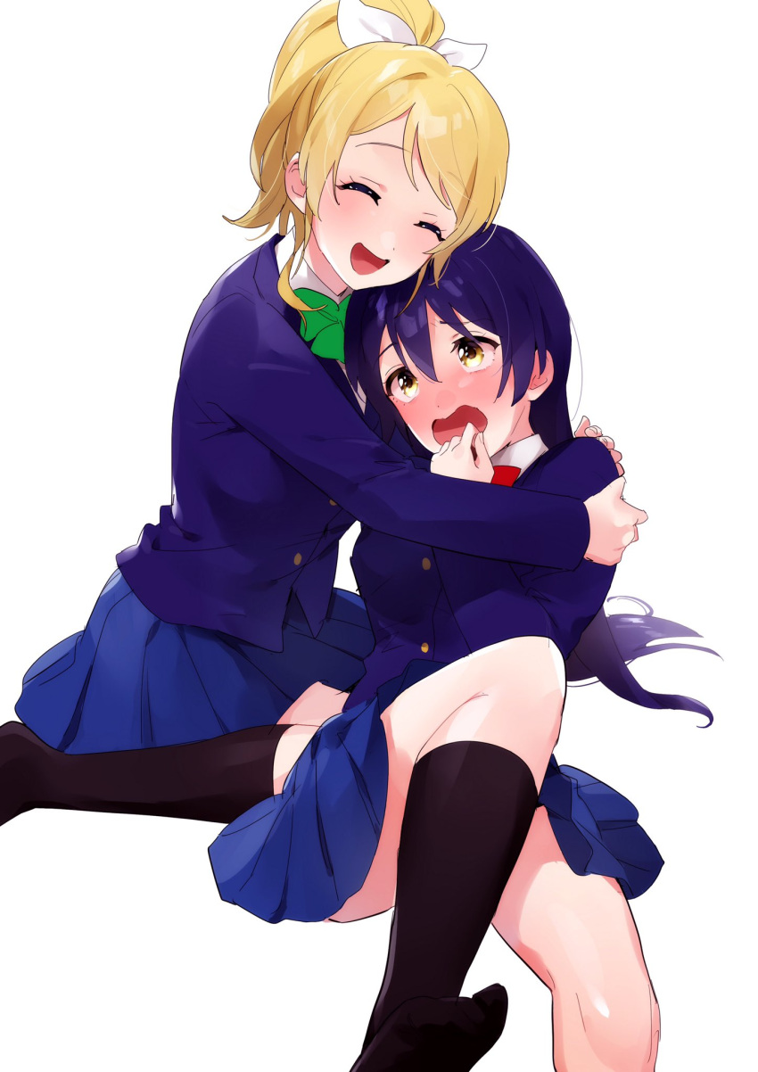 2girls, ayase_eli, bangs, blonde_hair, blue_hair, blush, bow, bowtie