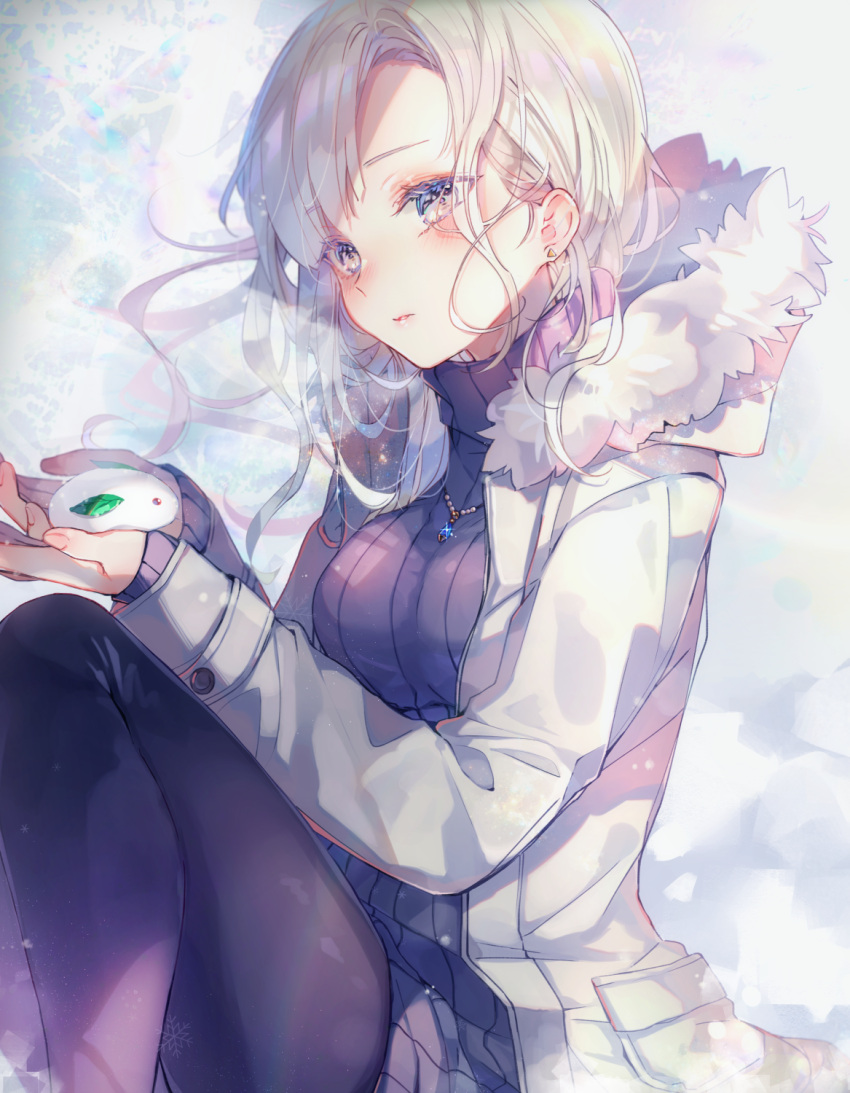 1girl, bangs, black_legwear, blonde_hair, blue_eyes, blush, breasts, breath