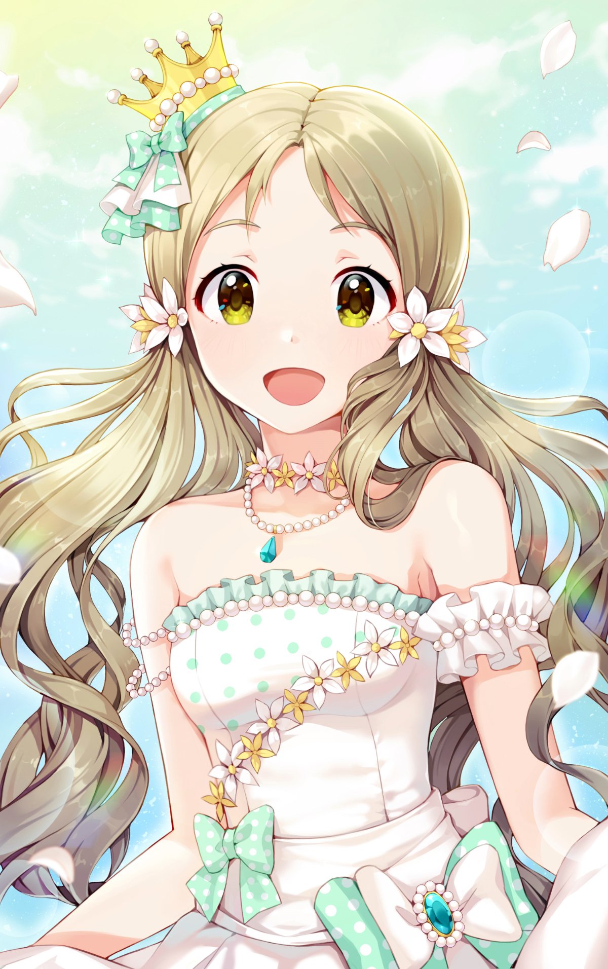 1girl, :d, arm_garter, bangs, bare_shoulders, blue_sky, bow, breasts