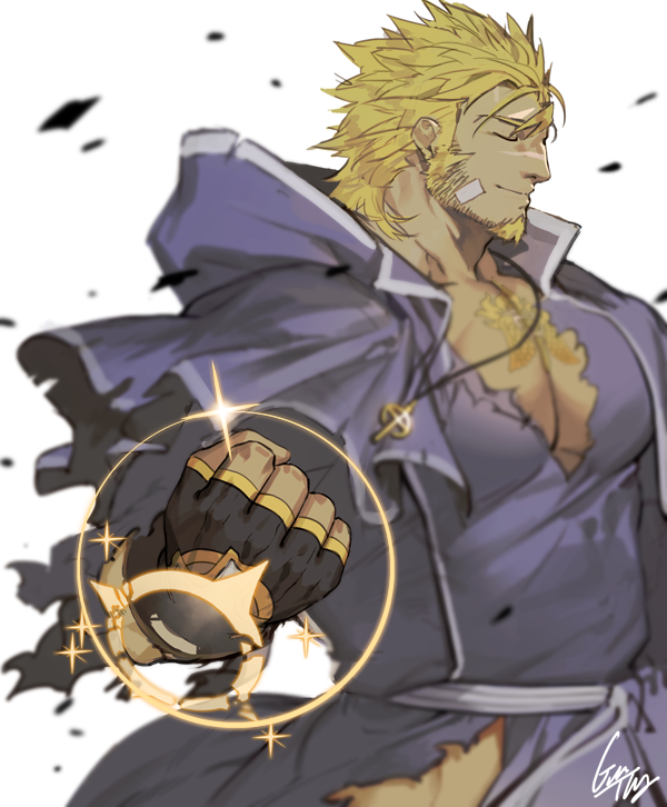 1boy, bara, beard, blonde_hair, chest, clenched_hand, closed_eyes, facial_hair