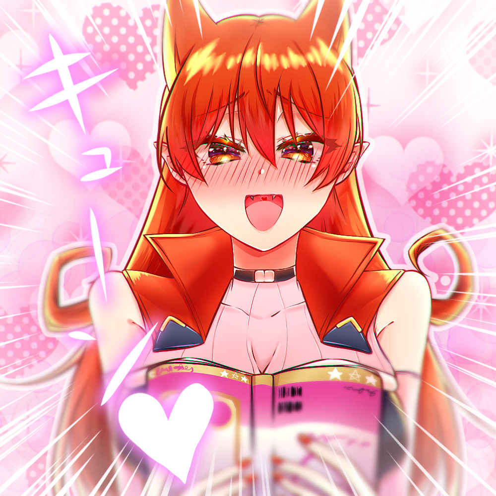 1girl, :d, azazel_ameri, black_choker, blush, book, breasts, choker, commentary_request, detached_sleeves, ear_blush, eyebrows_visible_through_hair, eyelashes, fangs, hair_between_eyes, happaaa, heart, holding, holding_book, horns, large_breasts, long_hair, looking_at_viewer, mairimashita!_iruma-kun, manga_(object), nail_polish, open_mouth, pink_sleeves, pointy_ears, red_eyes, red_nails, redhead, smile, solo, upper_body