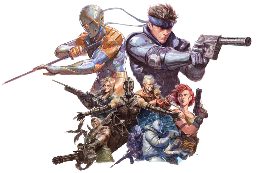 2girls, 6+boys, assault_rifle, balaclava, bald, bird, blonde_hair, brown_hair